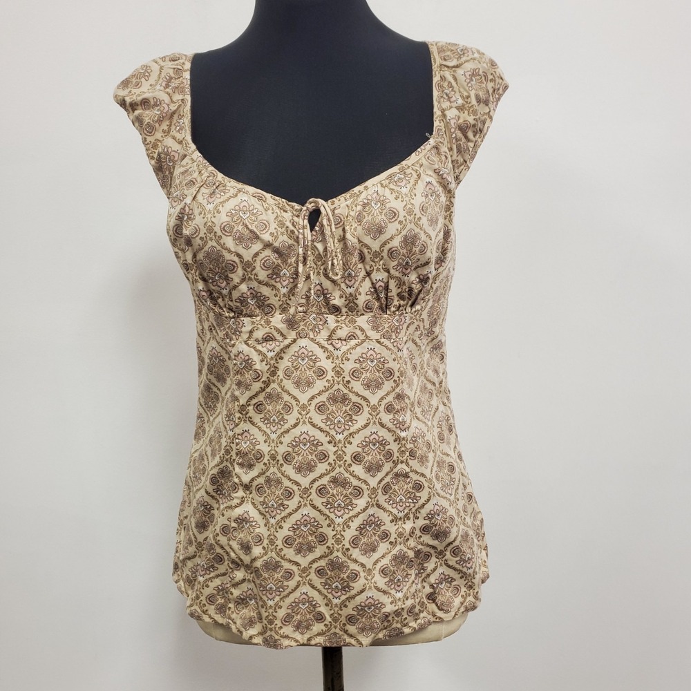 Vintage Ann Taylor Loft Womens Y2K Geometric Boho Babydoll‎ Top Size 2 Petite